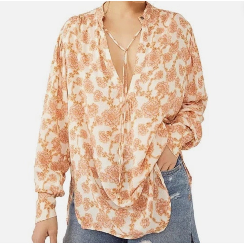 Free People Womens Floral Split Neck Tie Tunic Blouse Pink Cream‎ Small